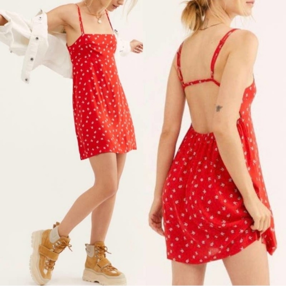 Free People Wild Child Red Floral Print Backless Mini Slip Dress Size XS